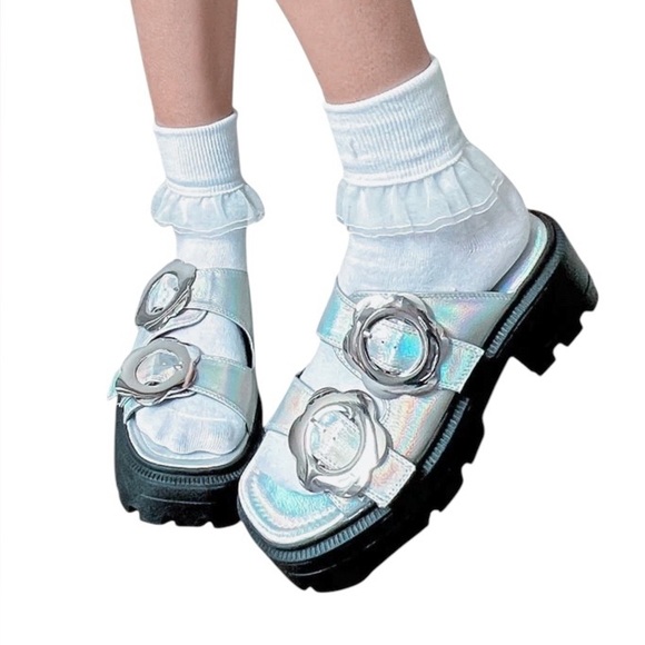 SHELLYS LONDON x DOLLS KILL Amber Flower Chunky Sole Sliders - Picture 2 of 13